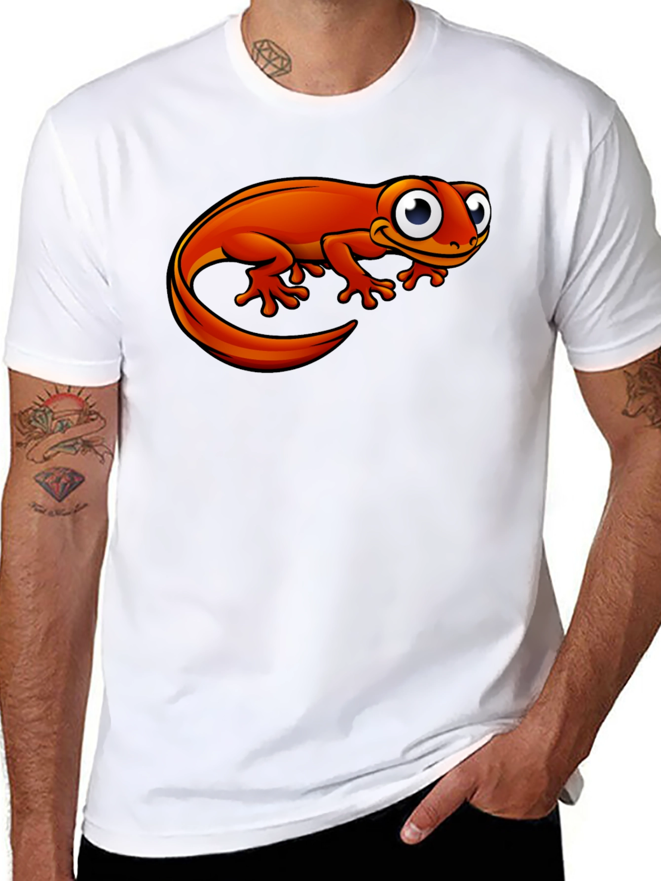 Orange Cartoon Lizard Graphic Black T-Shirt
