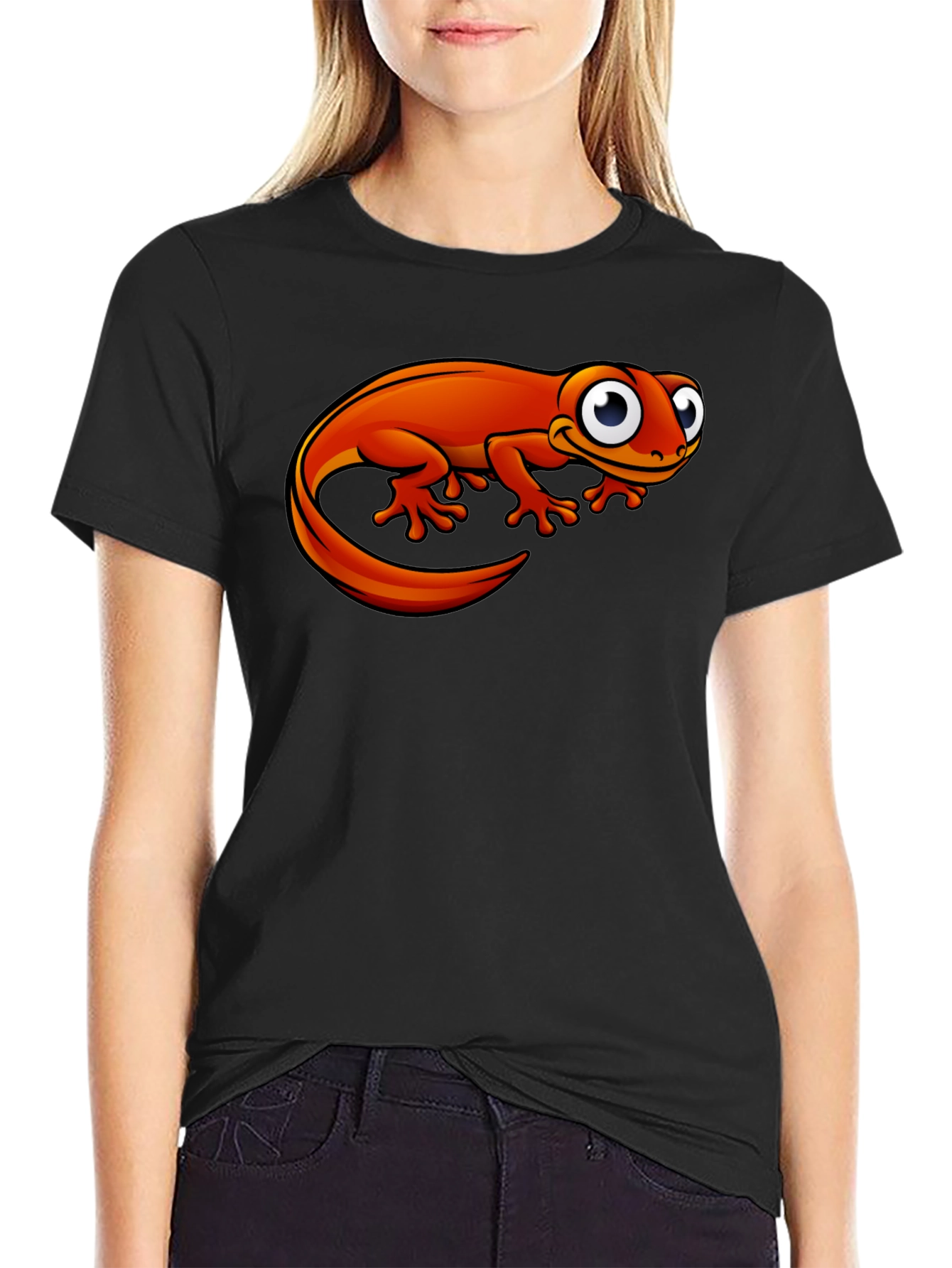 Orange Cartoon Lizard Graphic Black T-Shirt