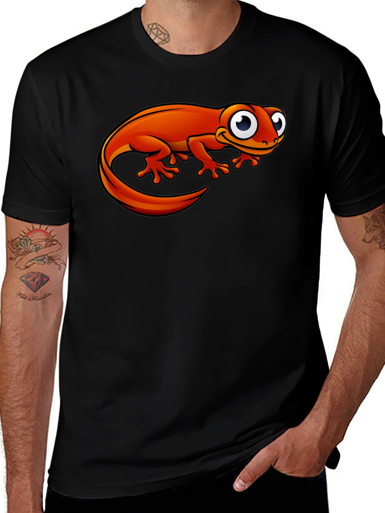 Orange Cartoon Lizard Graphic Black T-Shirt