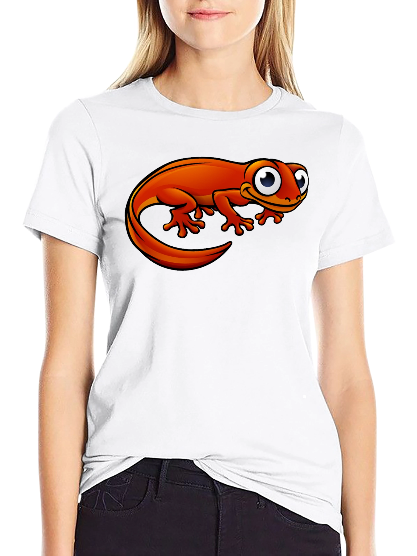 Orange Cartoon Lizard Graphic Black T-Shirt
