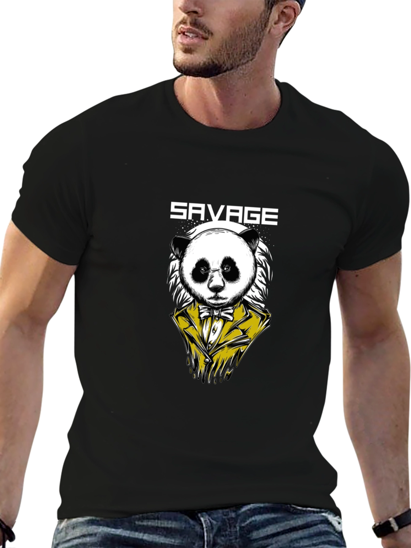 Savage Panda Graphic Print Mens Black T-Shirt