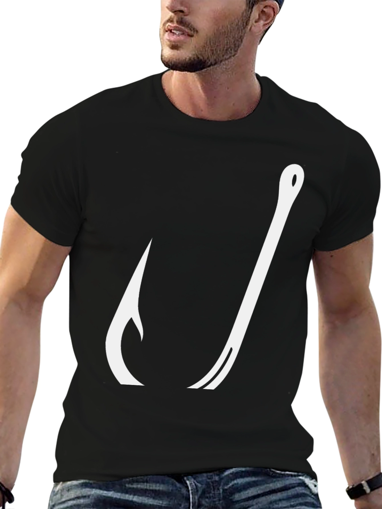 Mens Black Fishing Hook Graphic T-Shirt