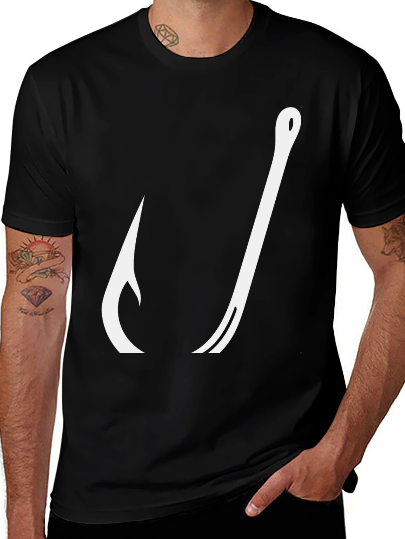 Mens Black Fishing Hook Graphic T-Shirt