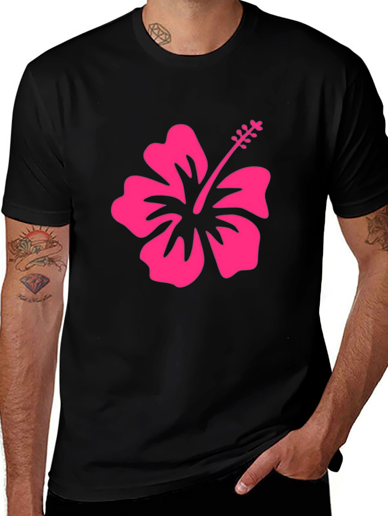 Black T-Shirt with Pink Hibiscus Flower Graphic