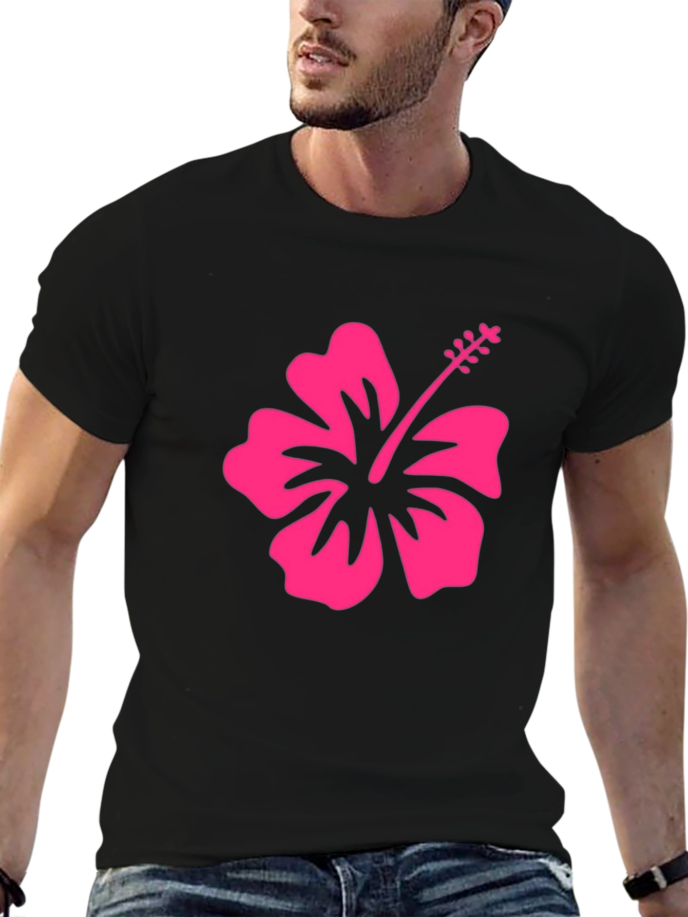 Black T-Shirt with Pink Hibiscus Flower Graphic