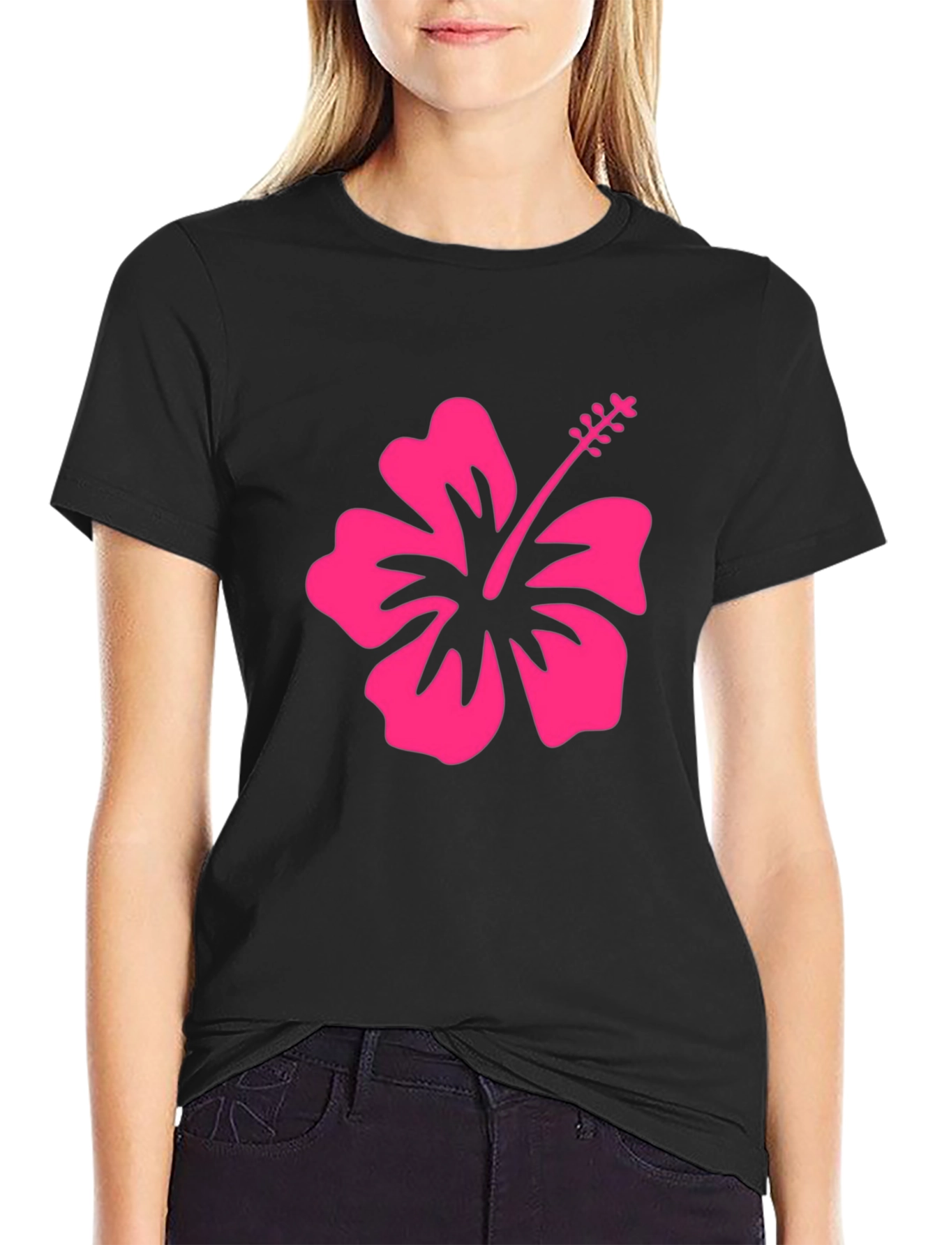 Black T-Shirt with Pink Hibiscus Flower Graphic