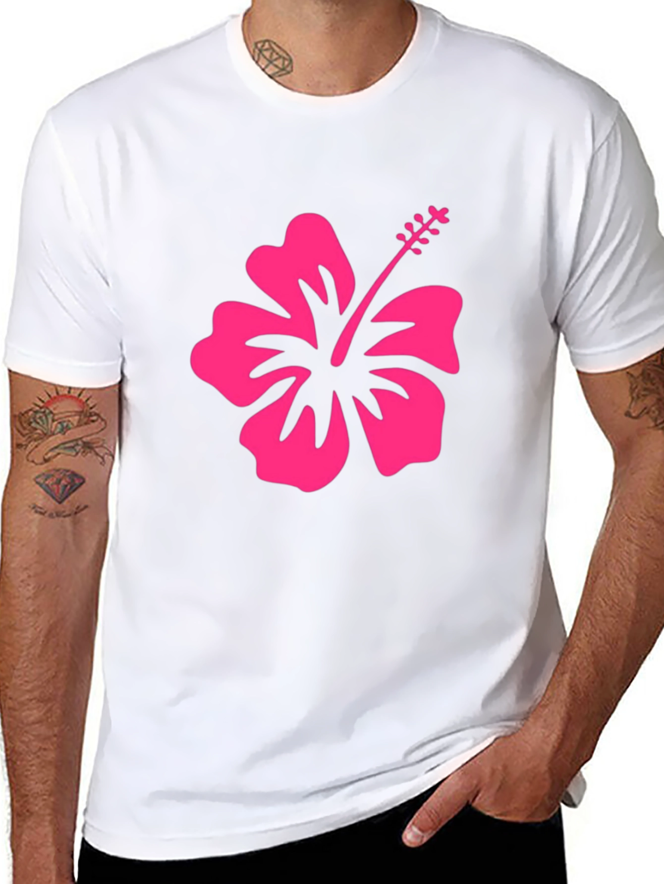 Black T-Shirt with Pink Hibiscus Flower Graphic