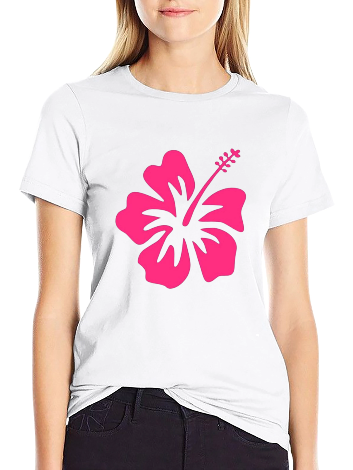 Black T-Shirt with Pink Hibiscus Flower Graphic