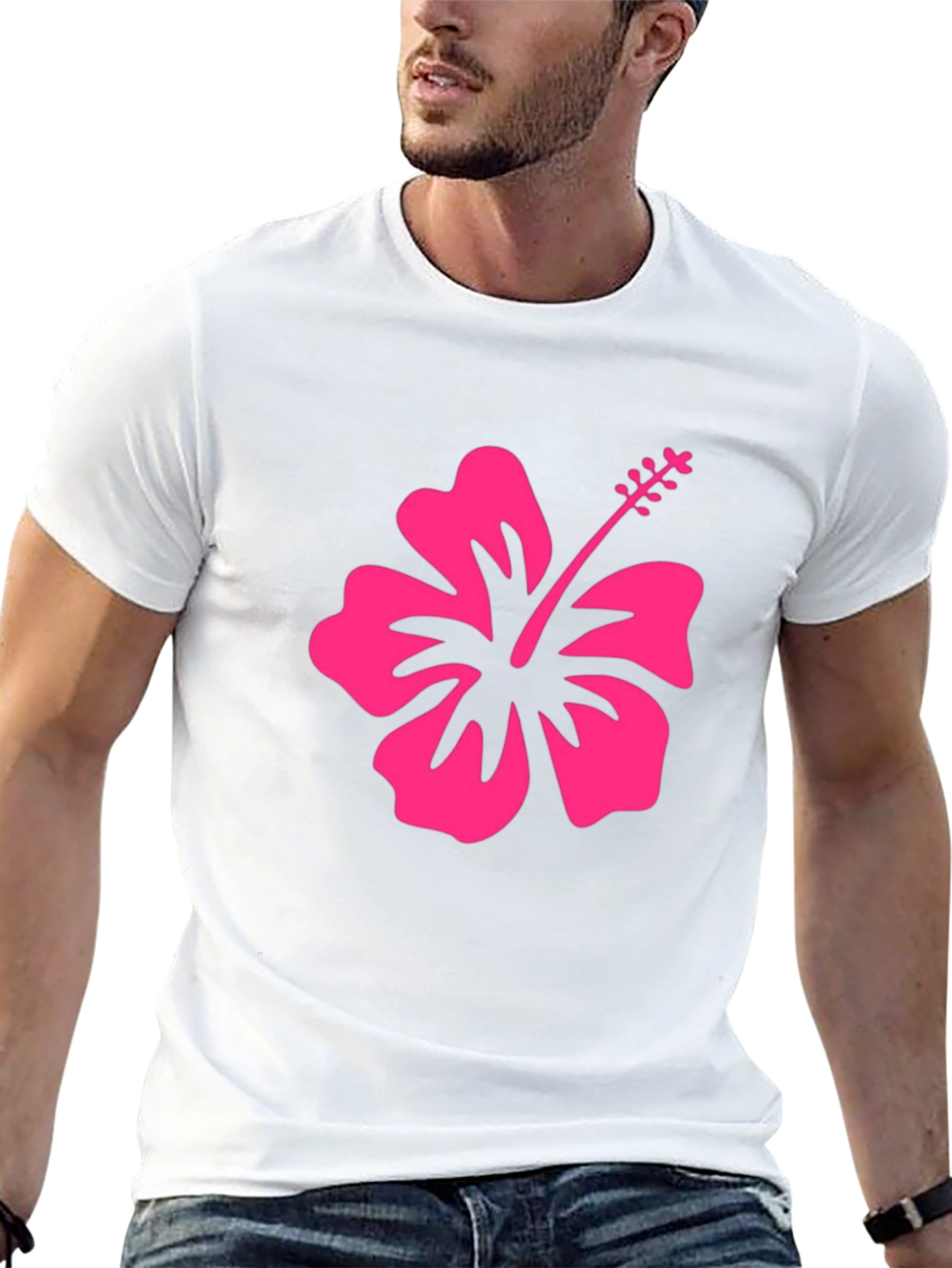 Black T-Shirt with Pink Hibiscus Flower Graphic