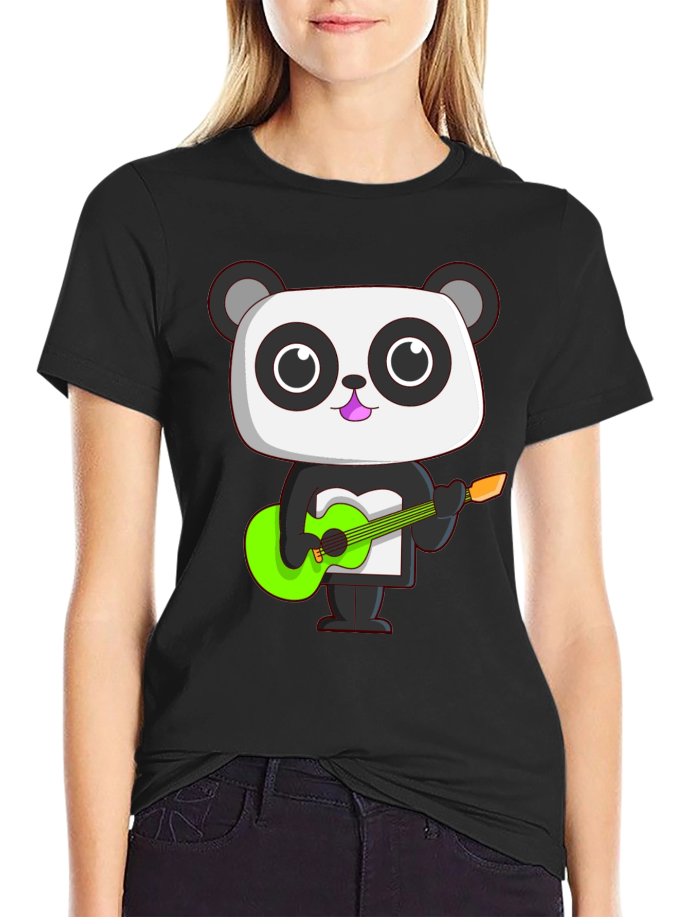 Panda Guitarist Graphic Tee - Black Cotton T-Shirt