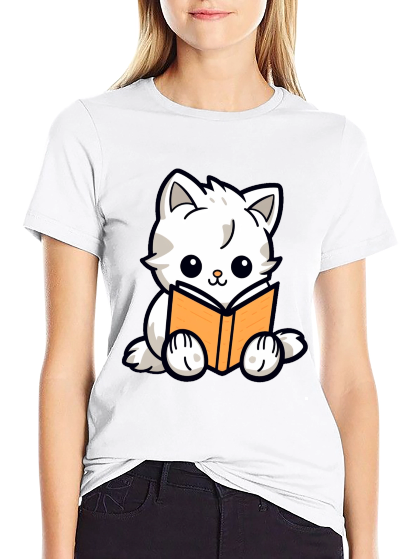 Cute Cat Reading Book Graphic T-Shirt - Black