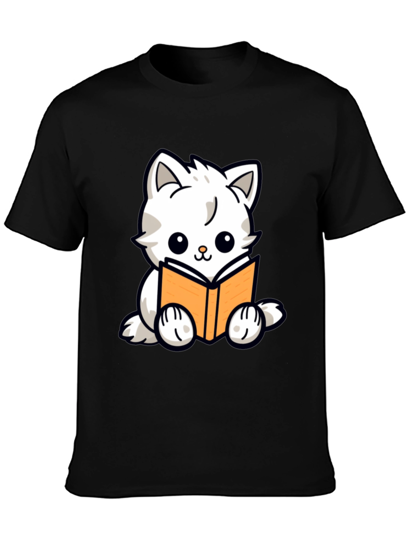 Cute Cat Reading Book Graphic T-Shirt - Black
