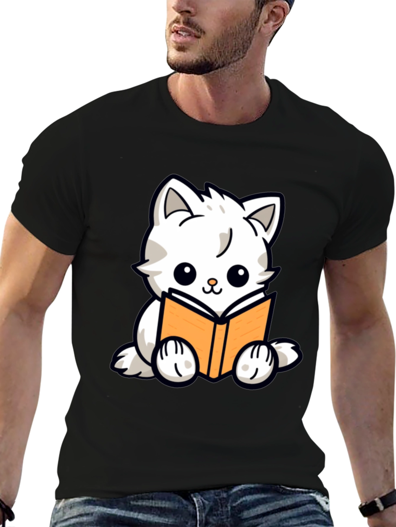 Cute Cat Reading Book Graphic T-Shirt - Black