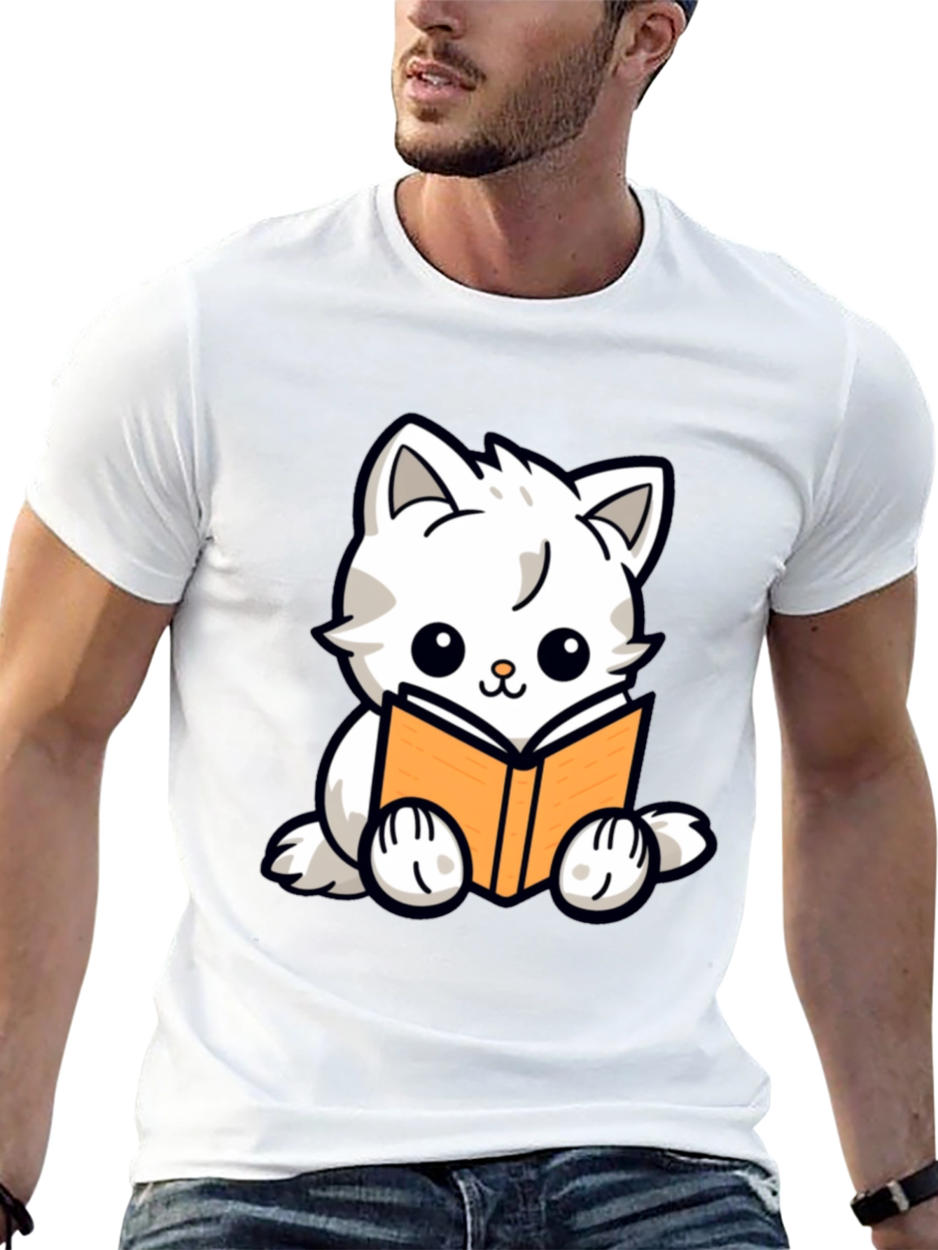 Cute Cat Reading Book Graphic T-Shirt - Black