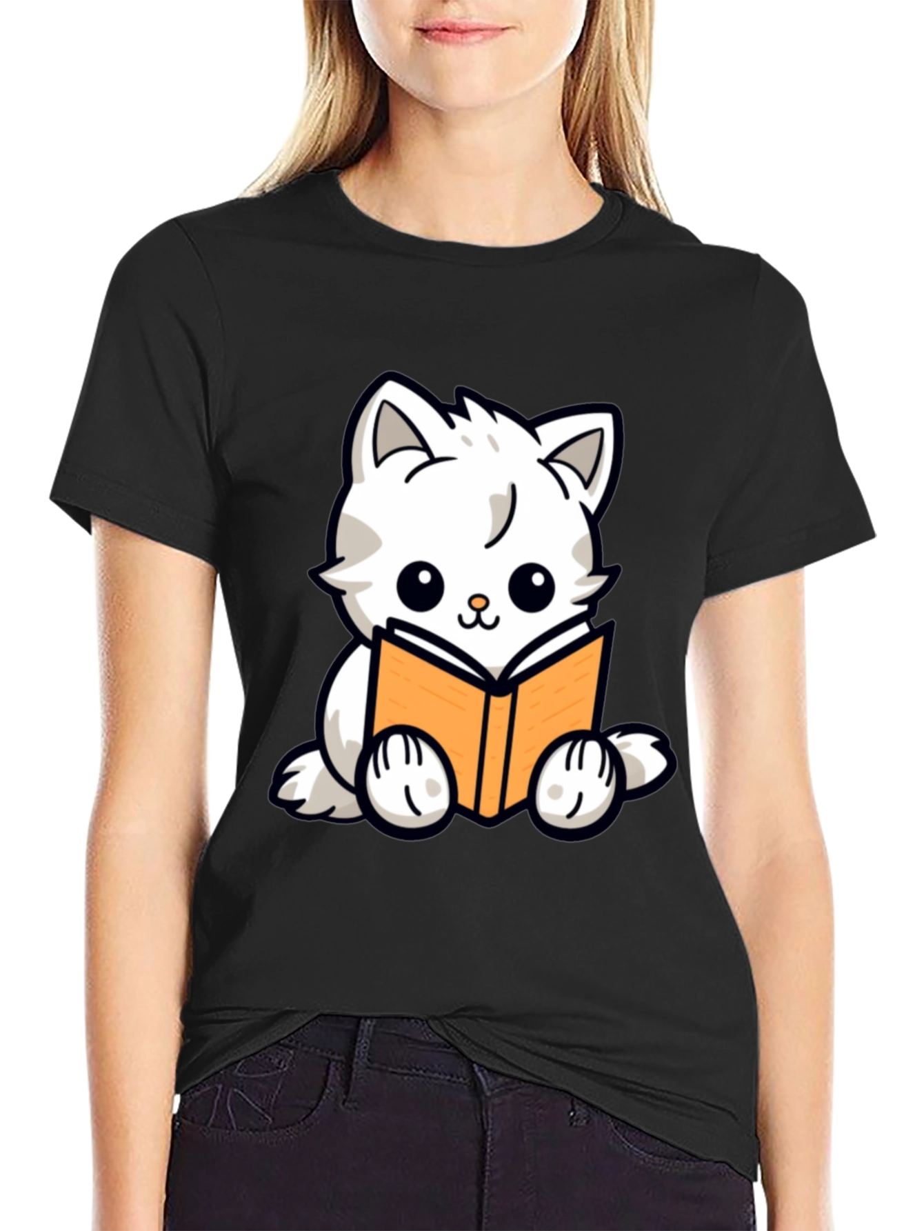 Cute Cat Reading Book Graphic T-Shirt - Black