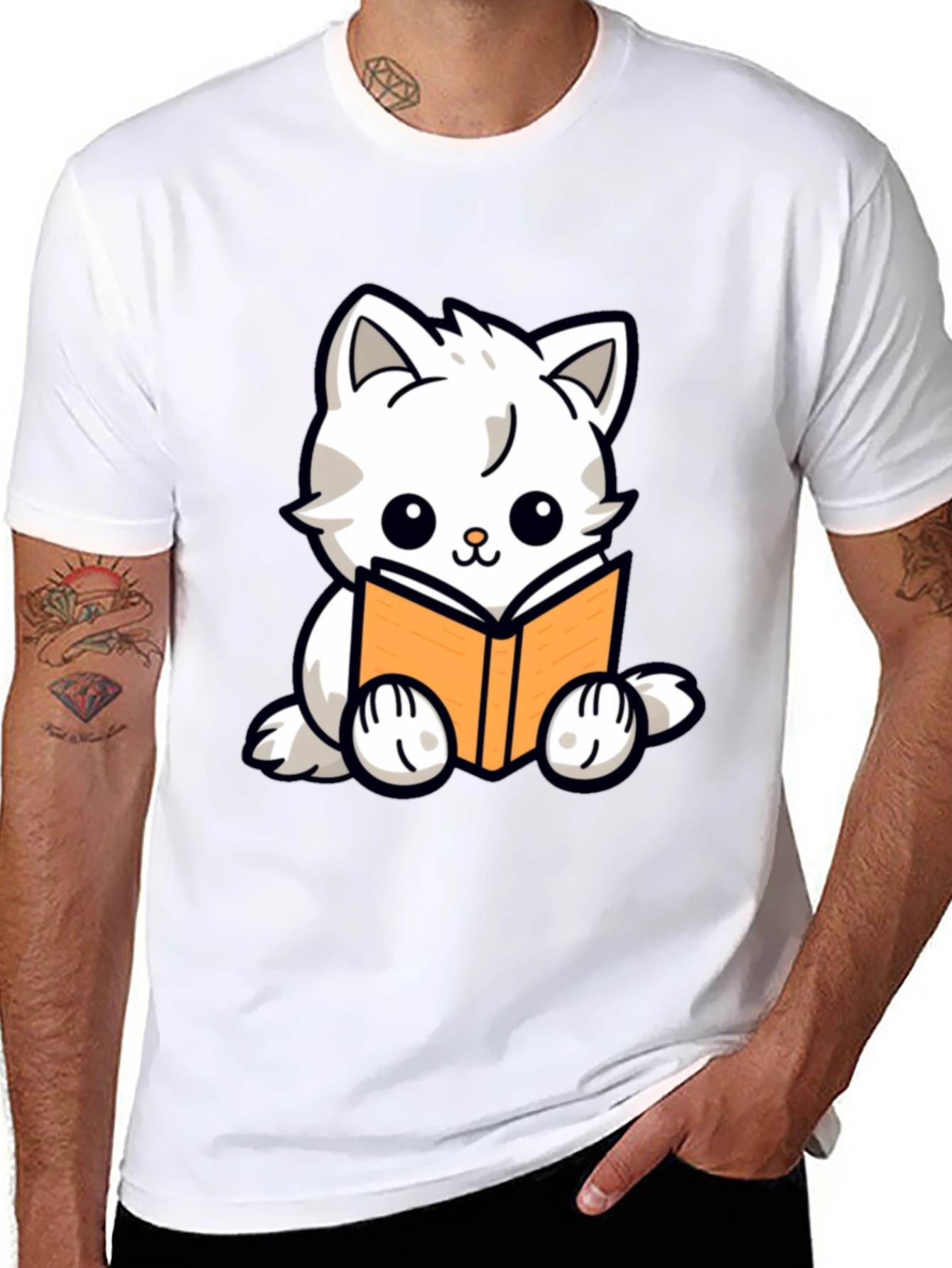 Cute Cat Reading Book Graphic T-Shirt - Black