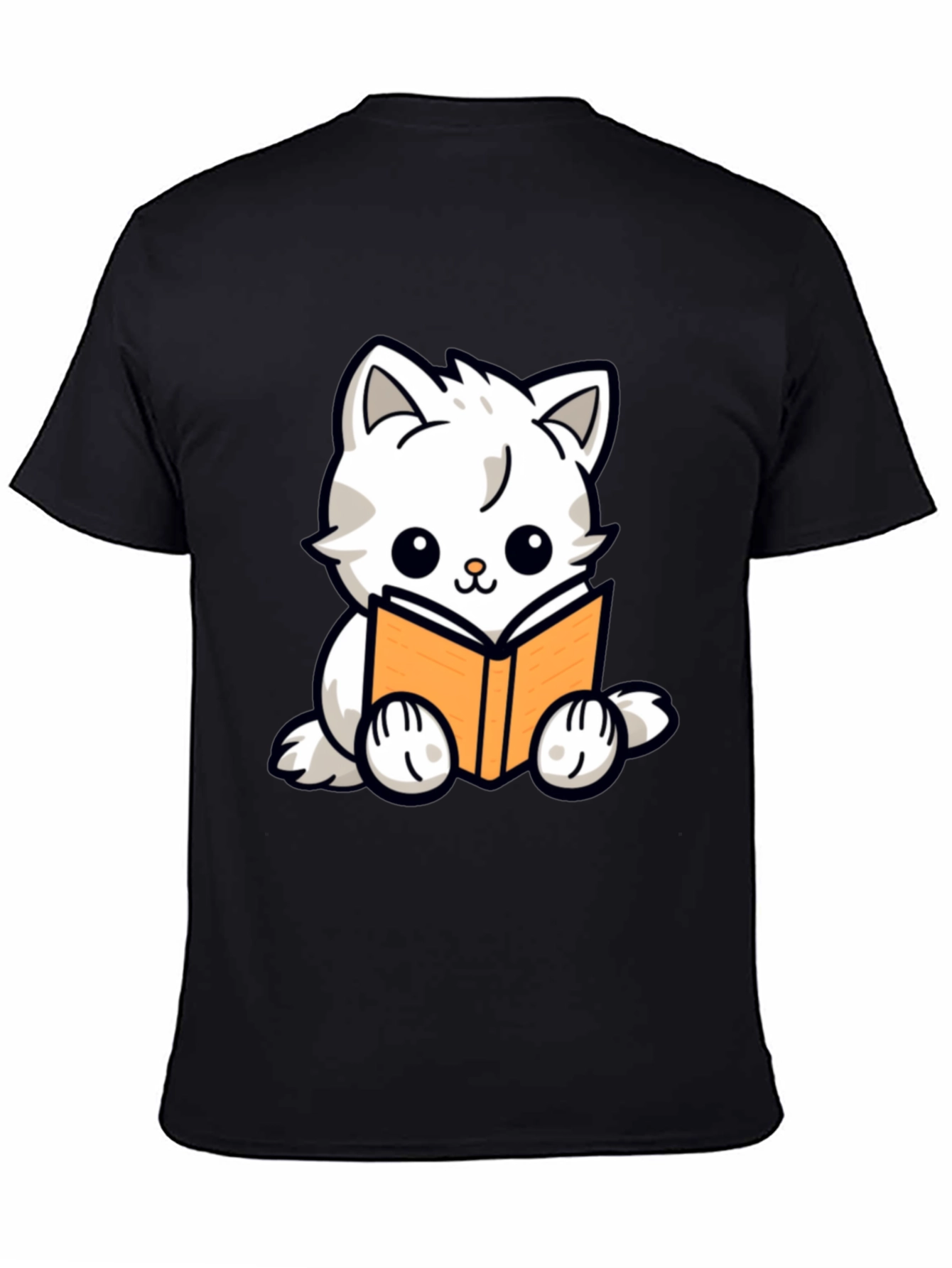 Cute Cat Reading Book Graphic T-Shirt - Black