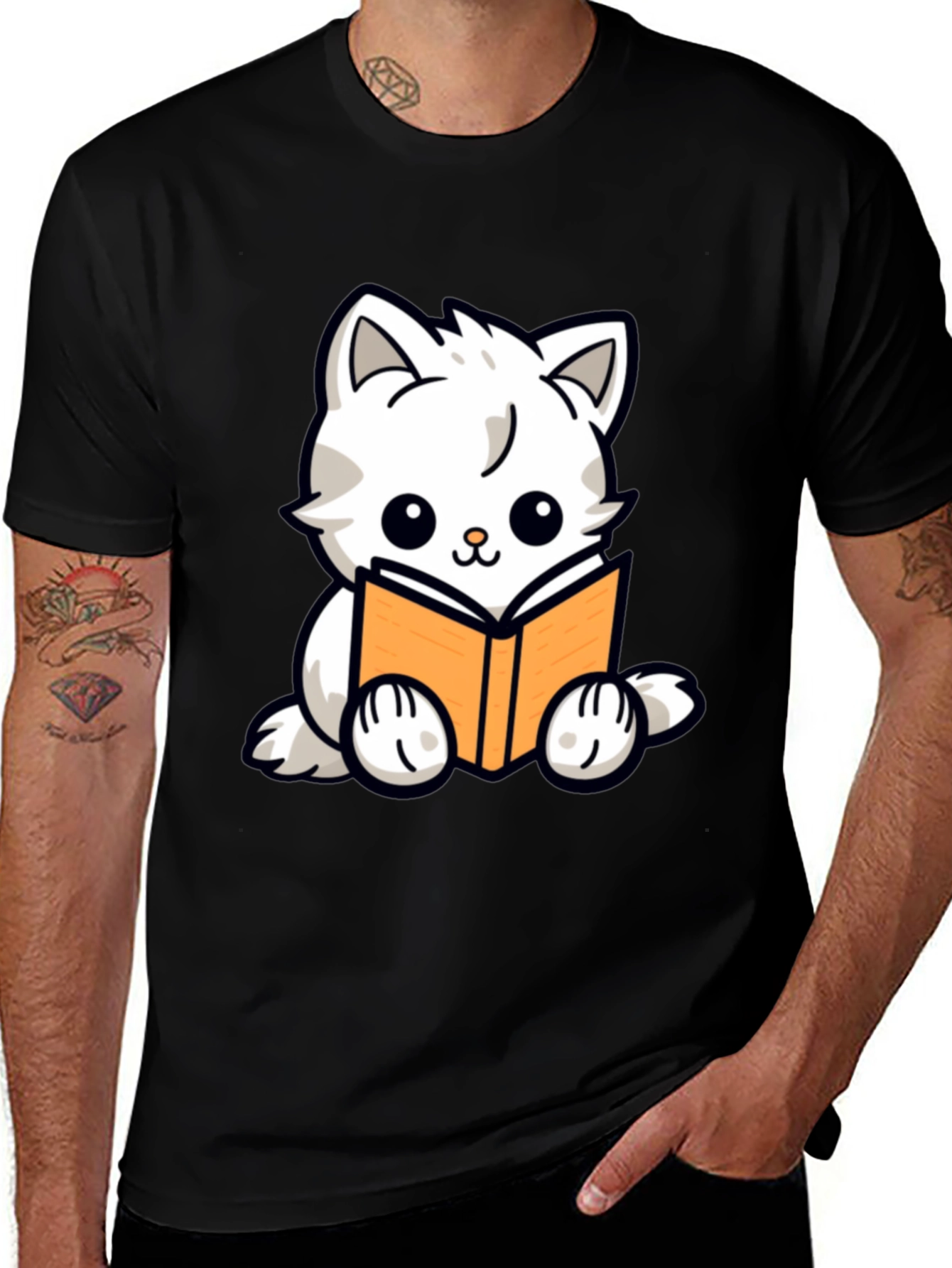 Cute Cat Reading Book Graphic T-Shirt - Black