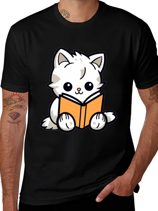Cute Cat Reading Book Graphic T-Shirt - Black