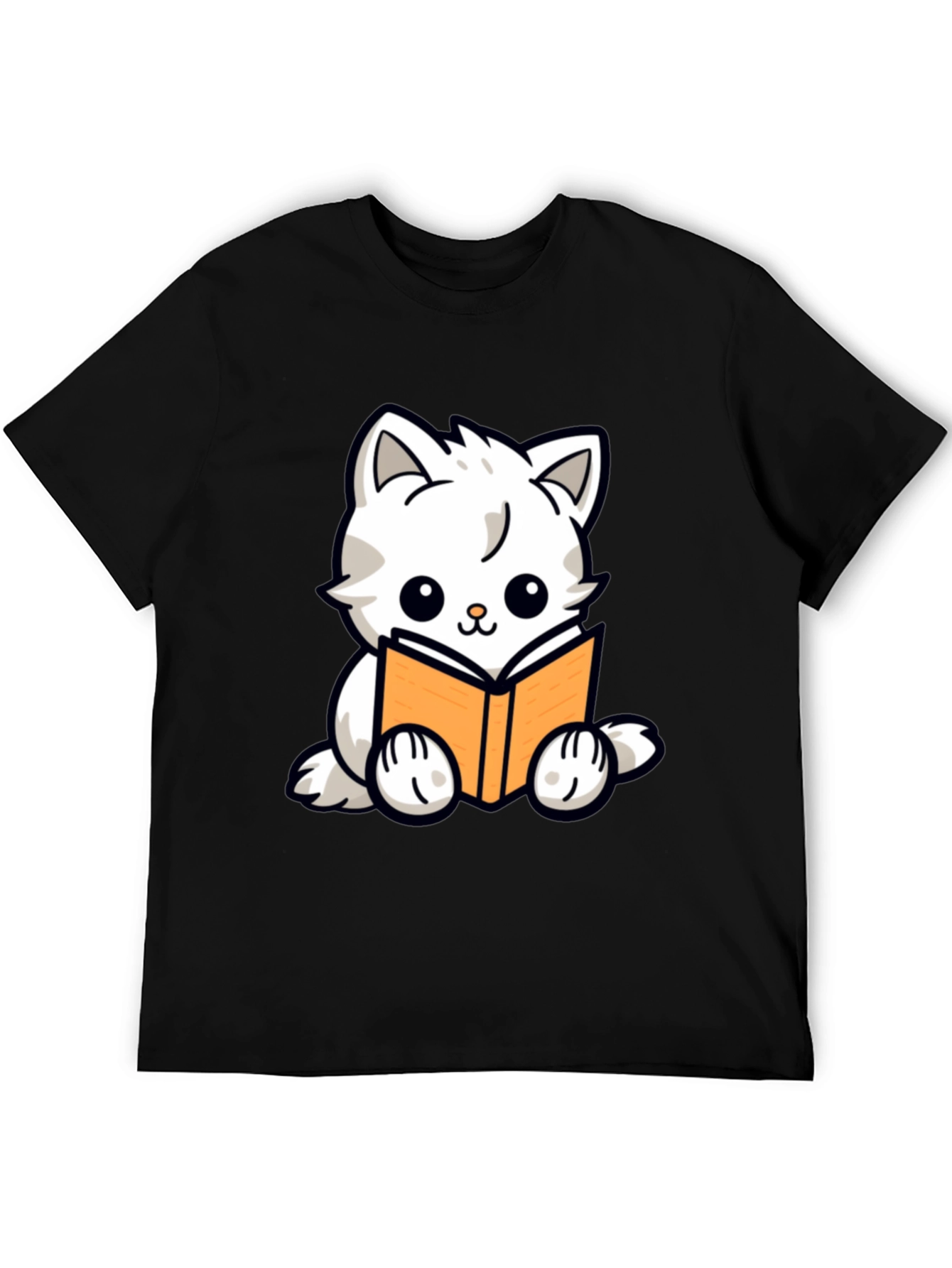 Cute Cat Reading Book Graphic T-Shirt - Black