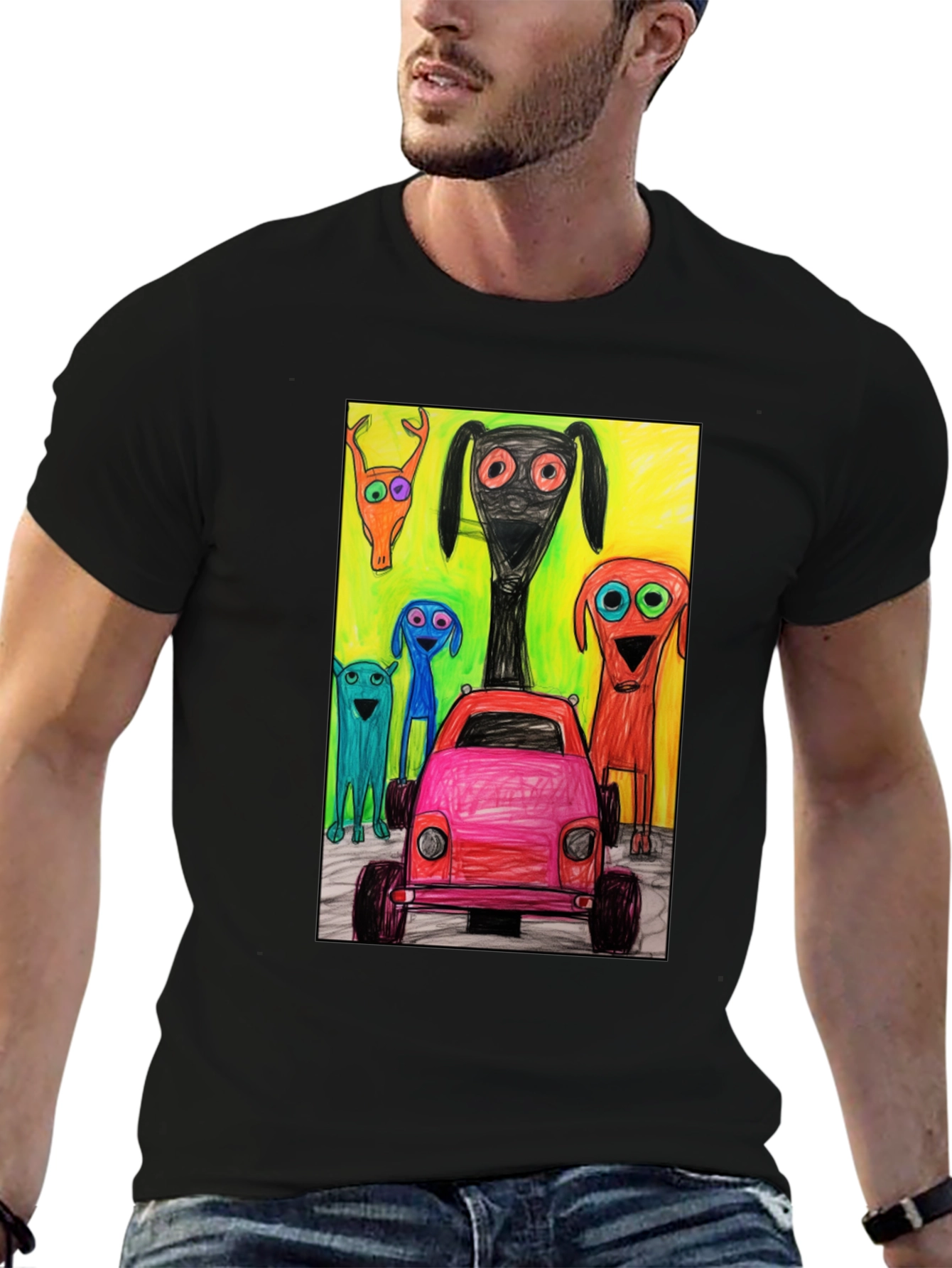 Cartoon Car & Creature Print Tee