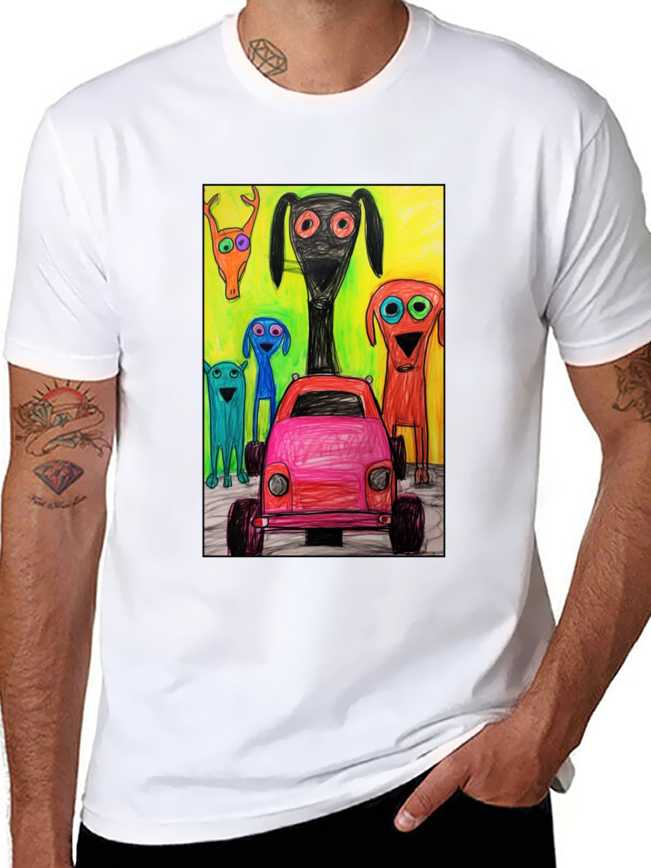 Cartoon Car & Creature Print Tee