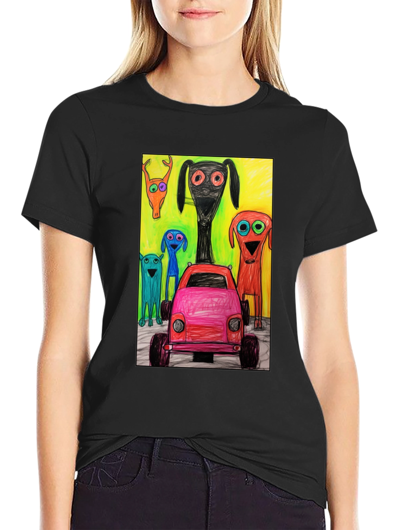 Cartoon Car & Creature Print Tee