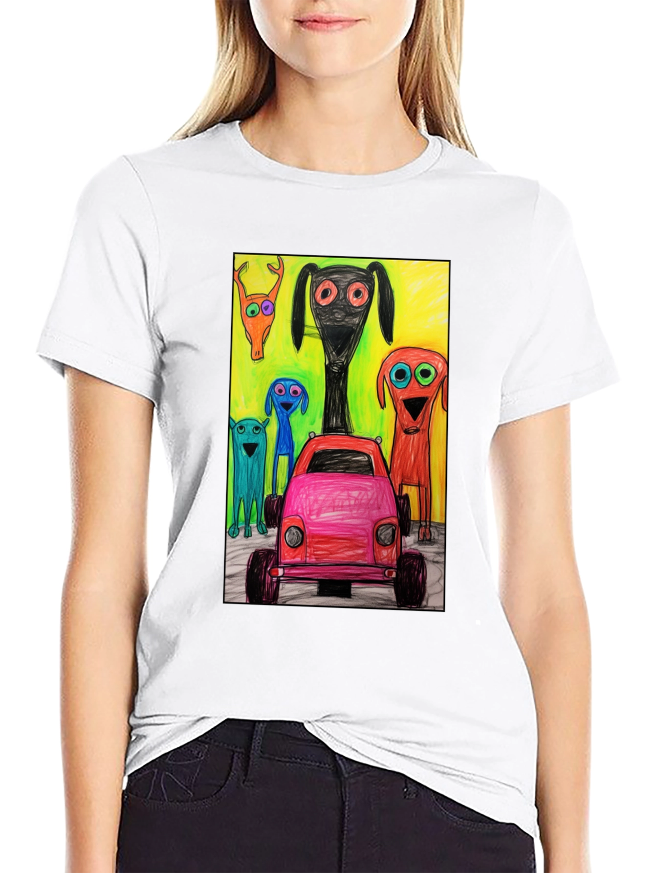 Cartoon Car & Creature Print Tee