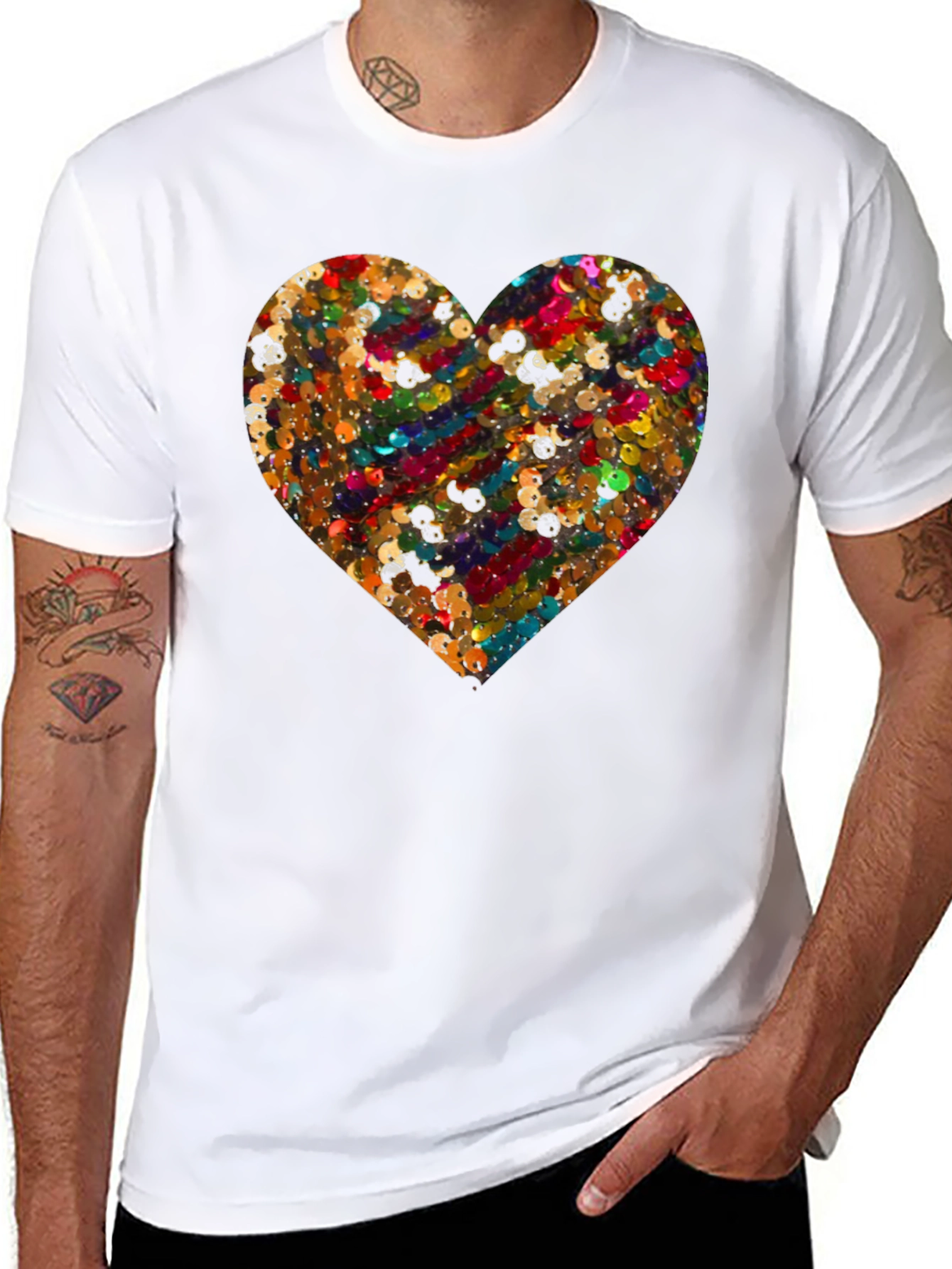 Heart Sequin Pattern Black T-Shirt