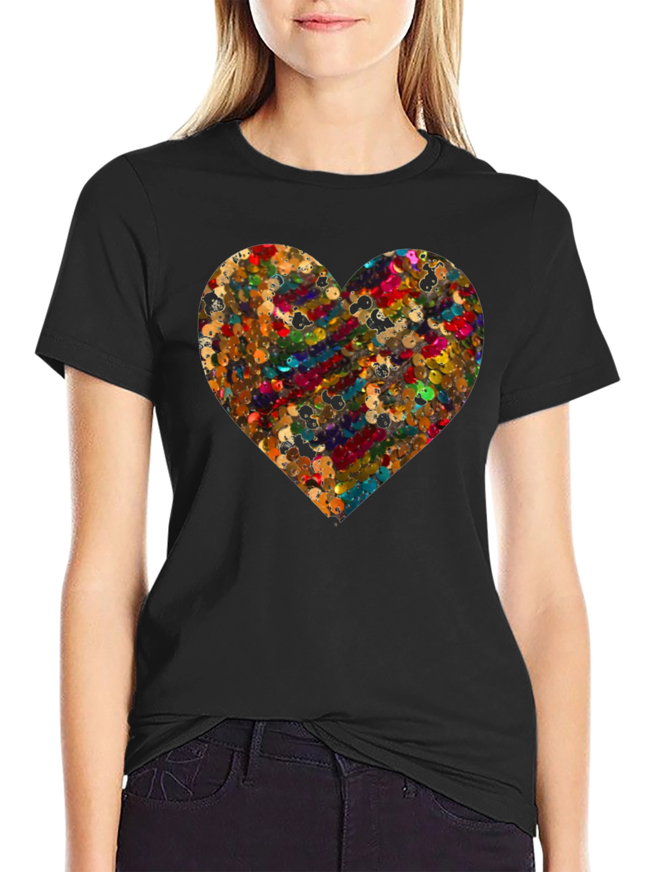Heart Sequin Pattern Black T-Shirt