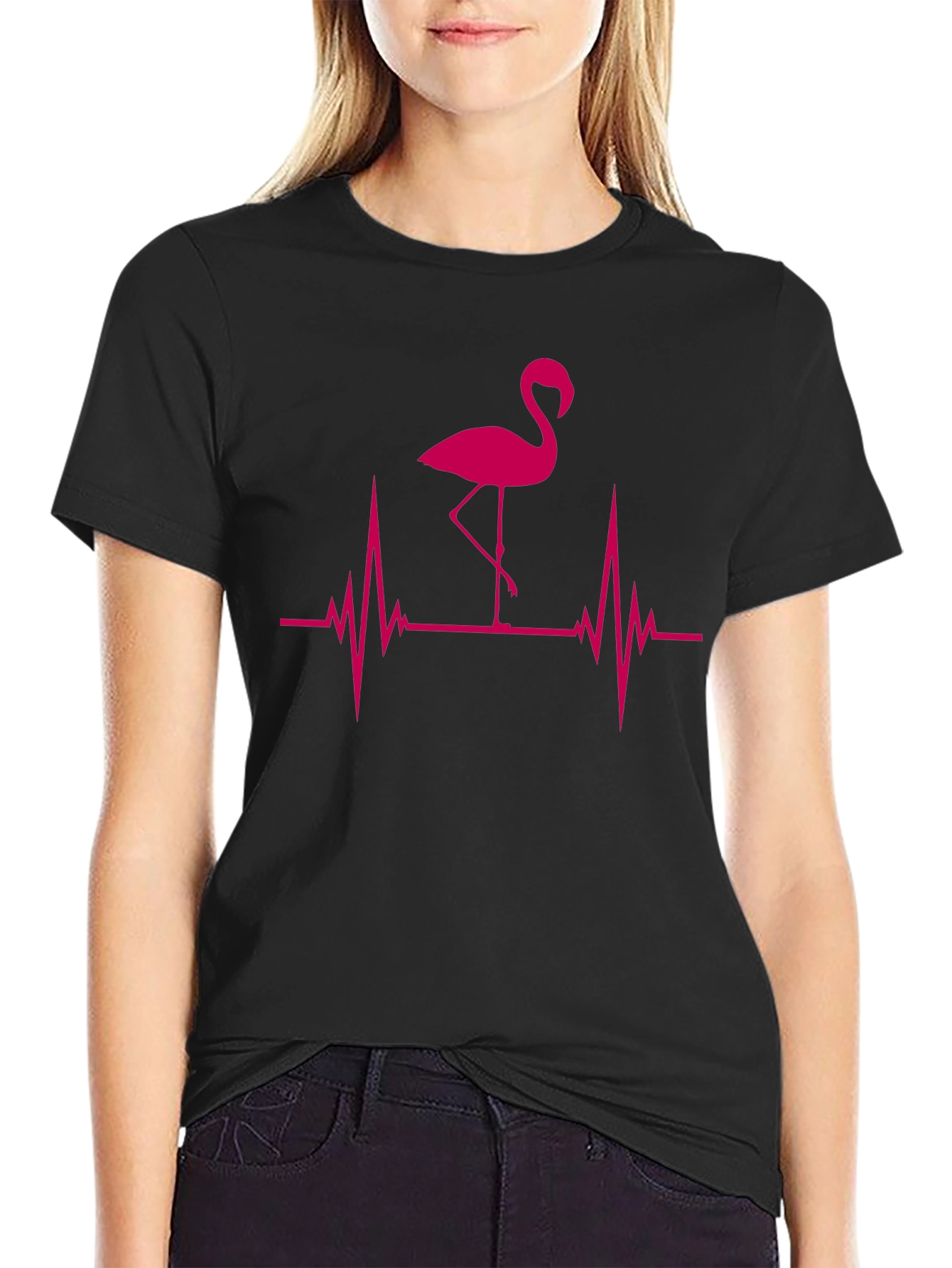 Flamingo Heartbeat Graphic Tee - Trendy Pink Design