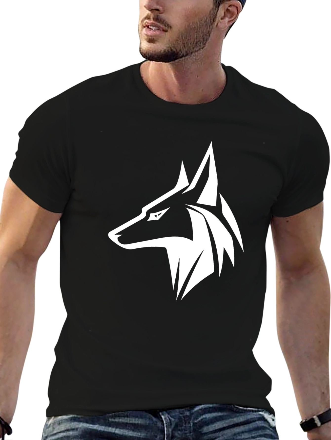 Black T-Shirt with Stylized Wolf Design