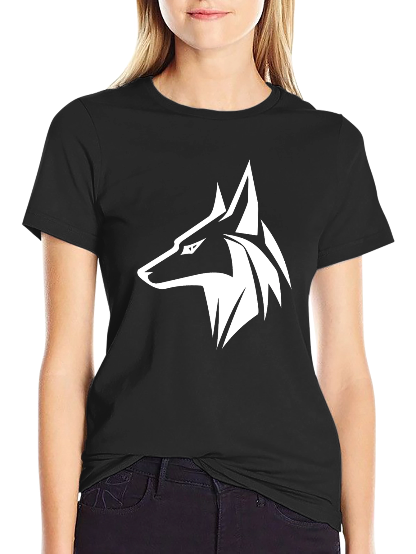 Black T-Shirt with Stylized Wolf Design