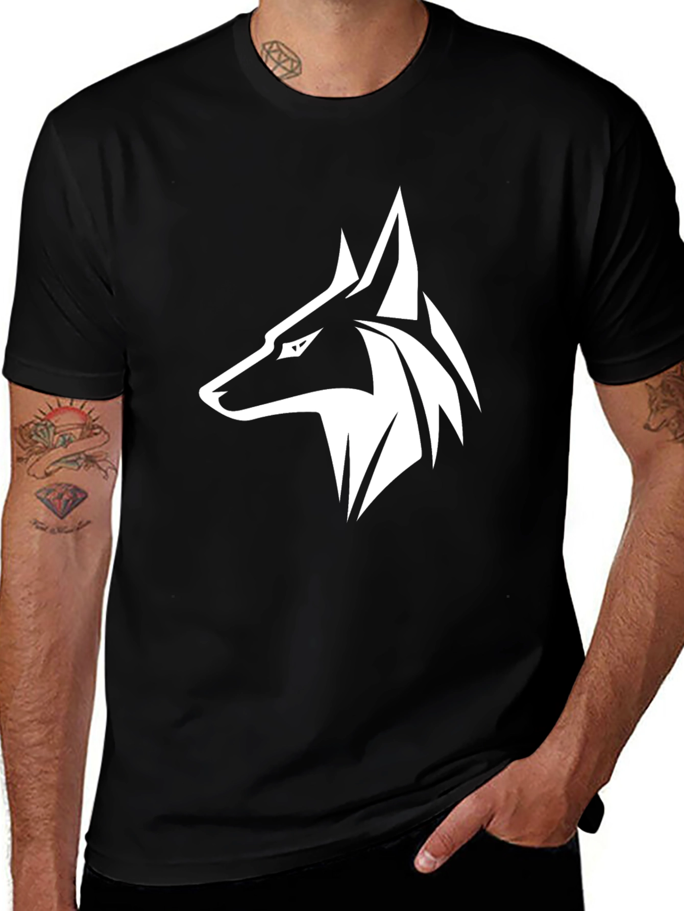 Black T-Shirt with Stylized Wolf Design