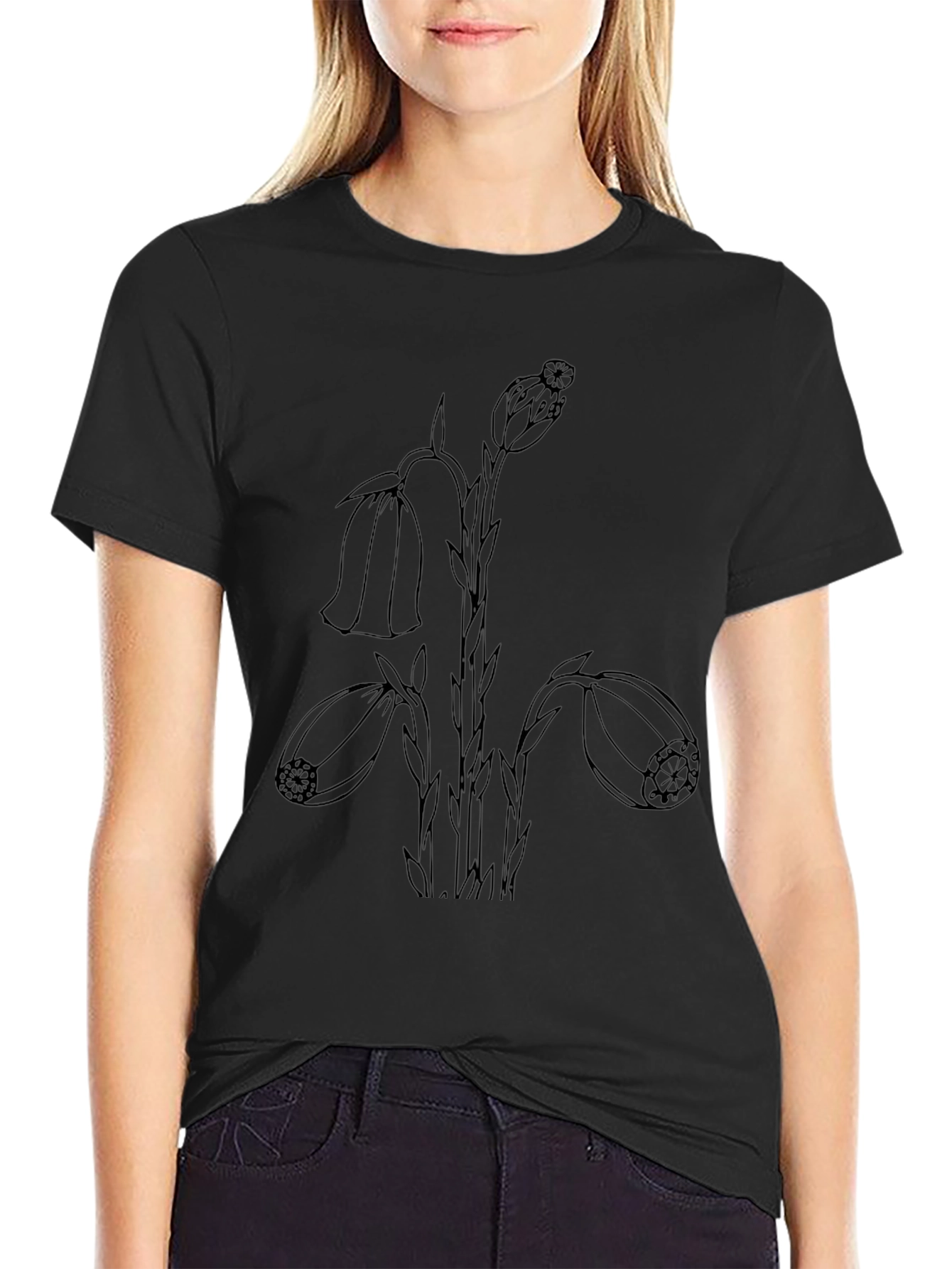 Black T-Shirt with Botanical Line Art