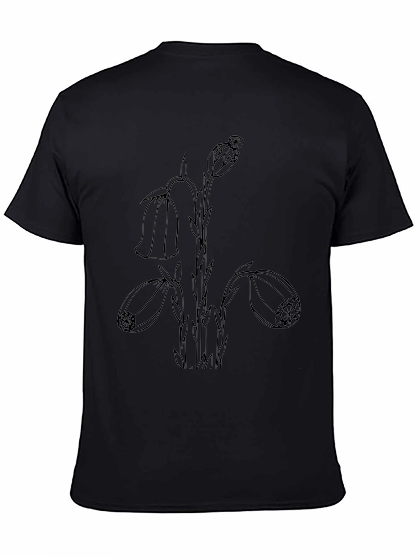 Black T-Shirt with Botanical Line Art