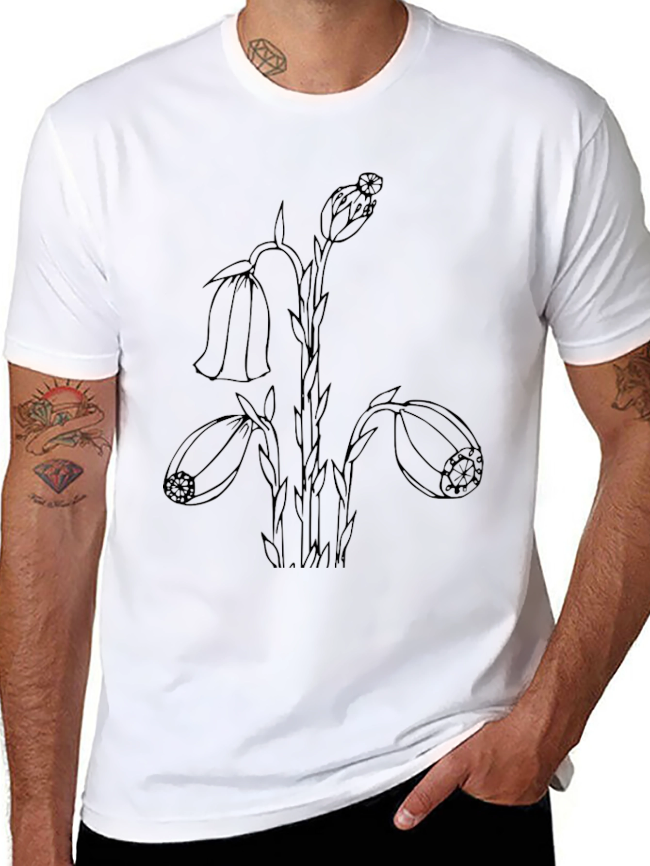 Black T-Shirt with Botanical Line Art