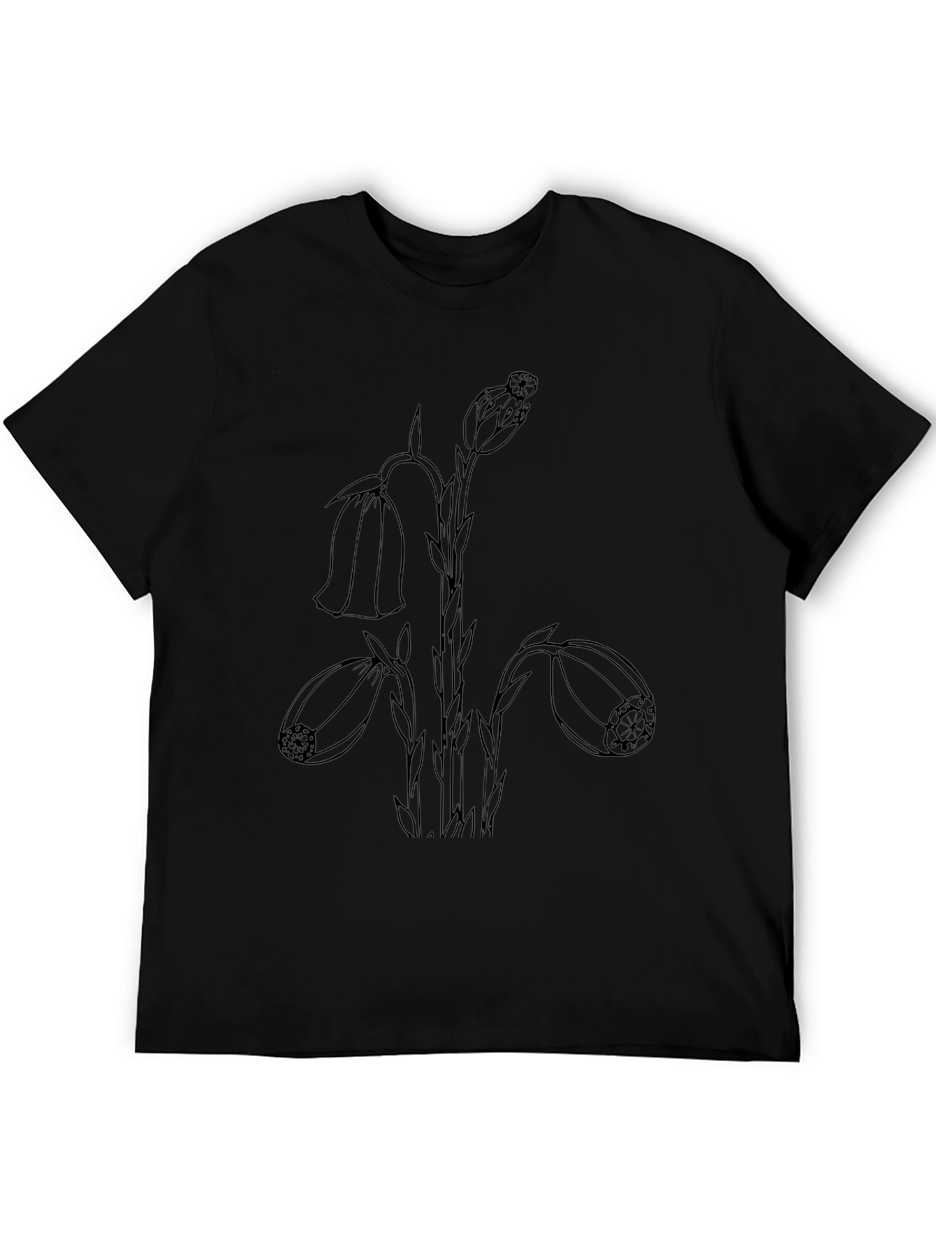 Black T-Shirt with Botanical Line Art