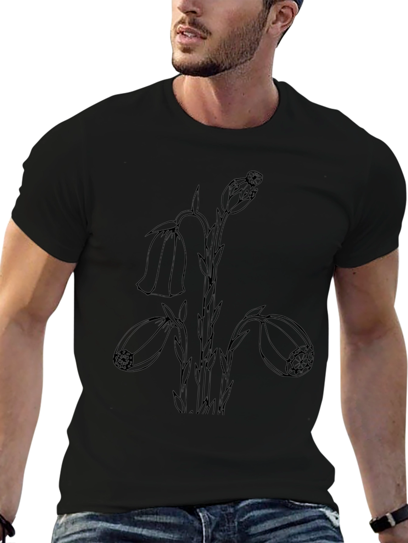 Black T-Shirt with Botanical Line Art
