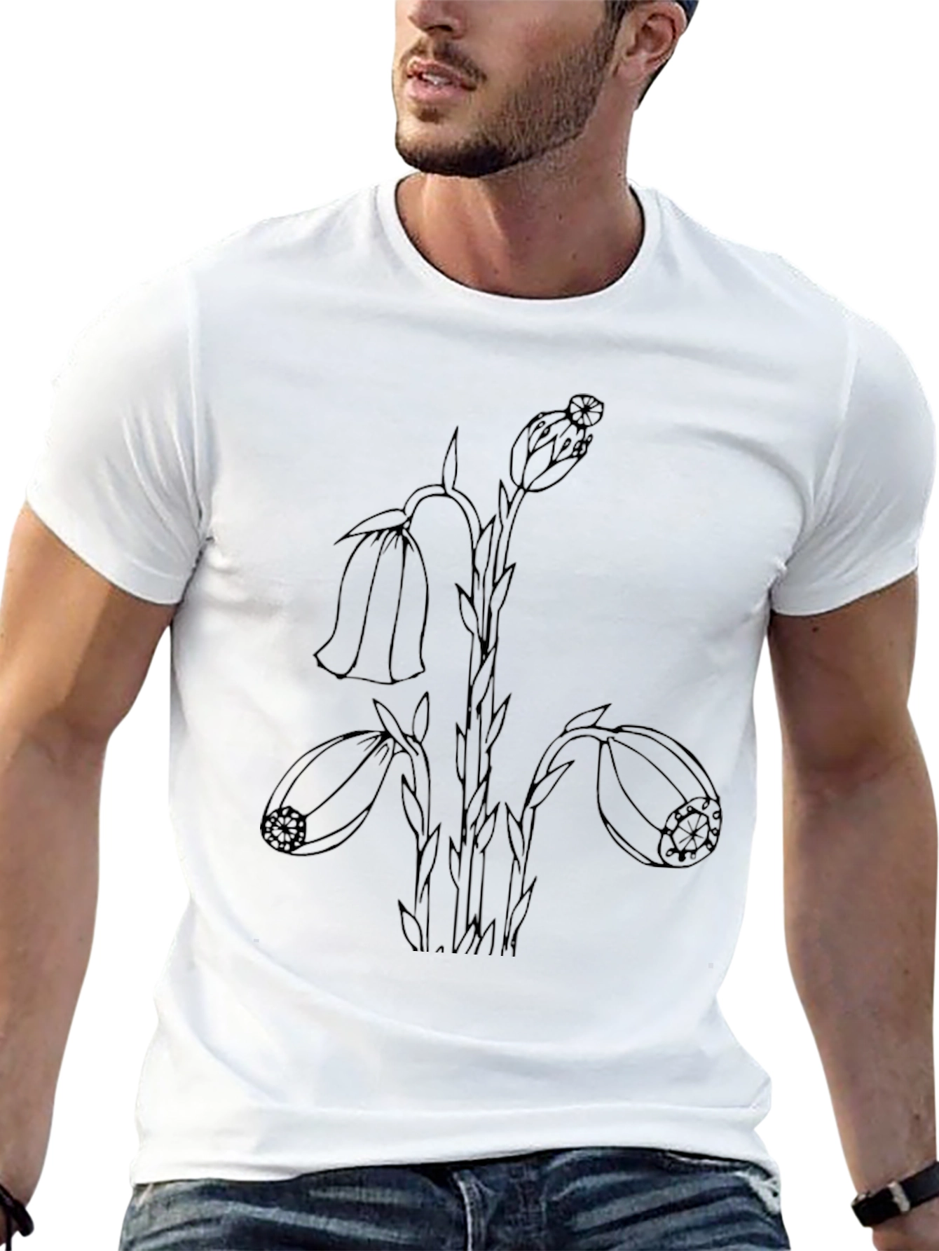 Black T-Shirt with Botanical Line Art