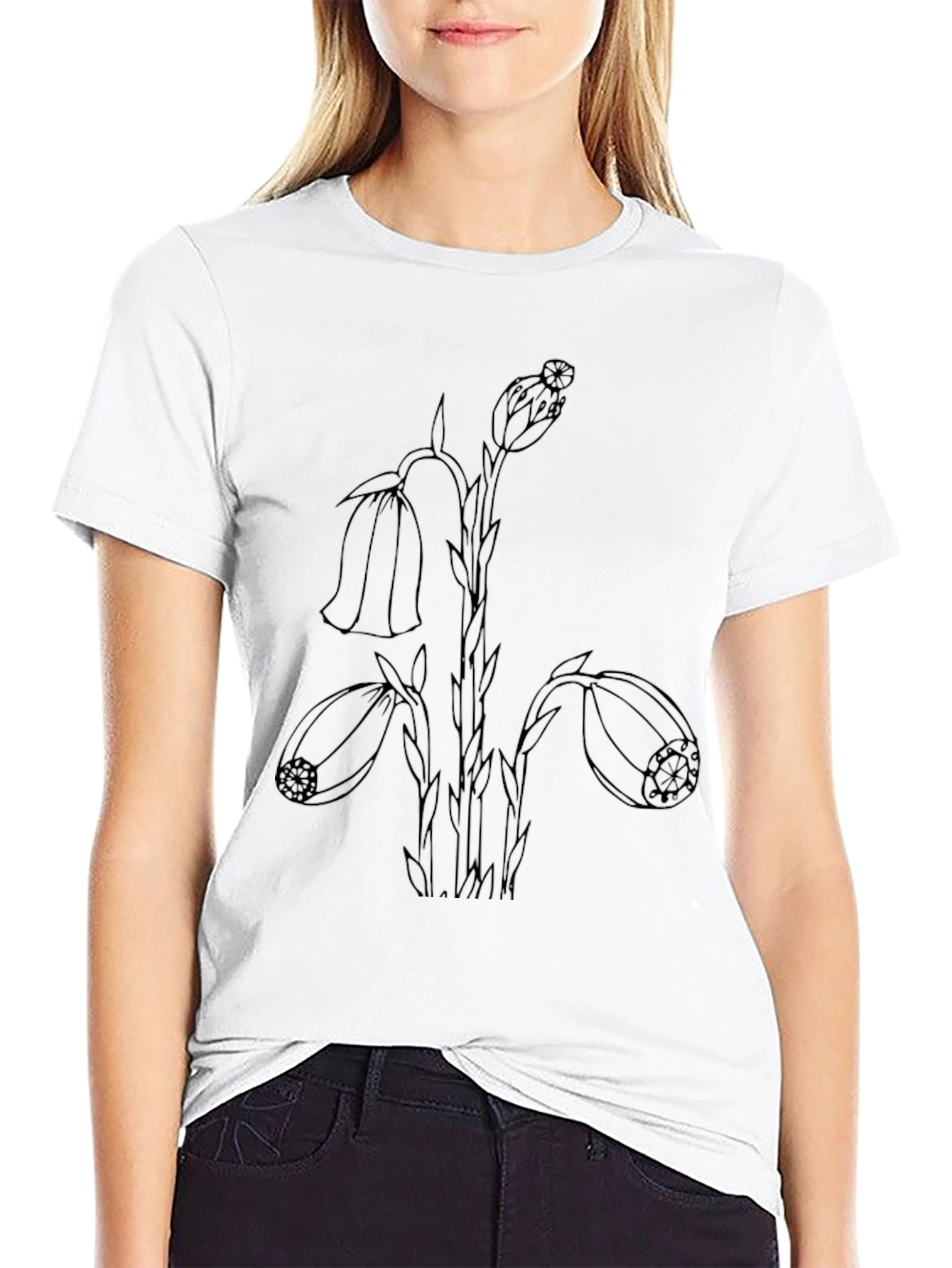 Black T-Shirt with Botanical Line Art