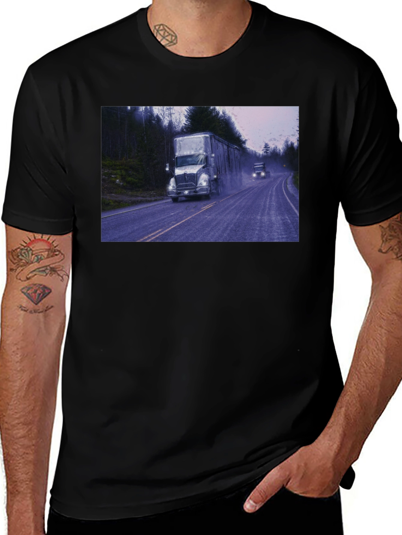 Truck Scene Graphic Tee - Black Cotton Blend