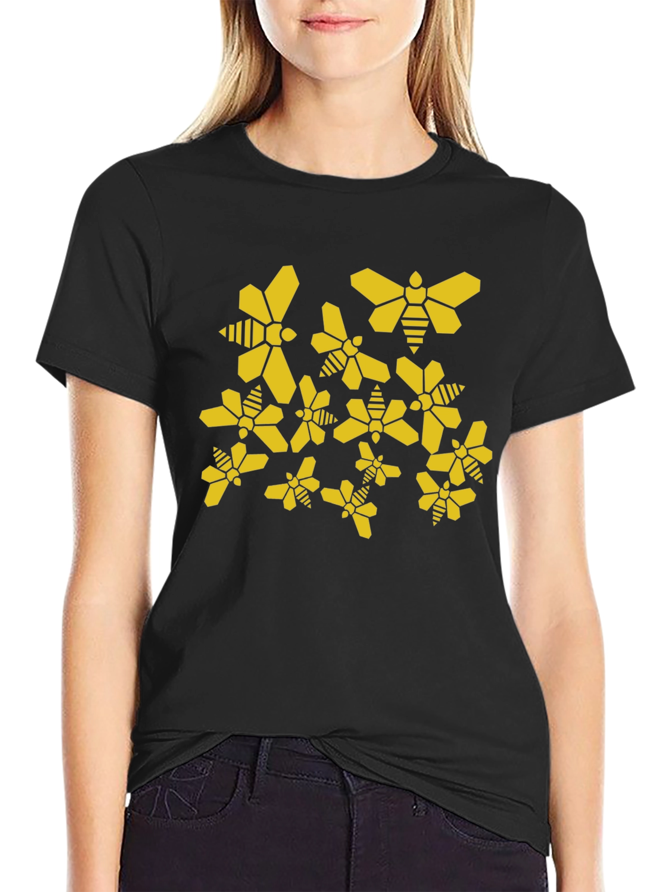 Geometric Bee Pattern Black T-Shirt