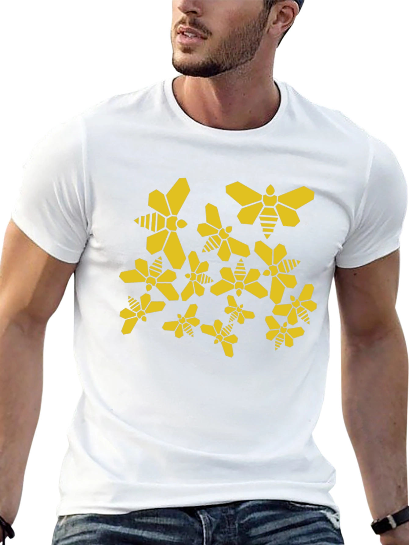Geometric Bee Pattern Black T-Shirt