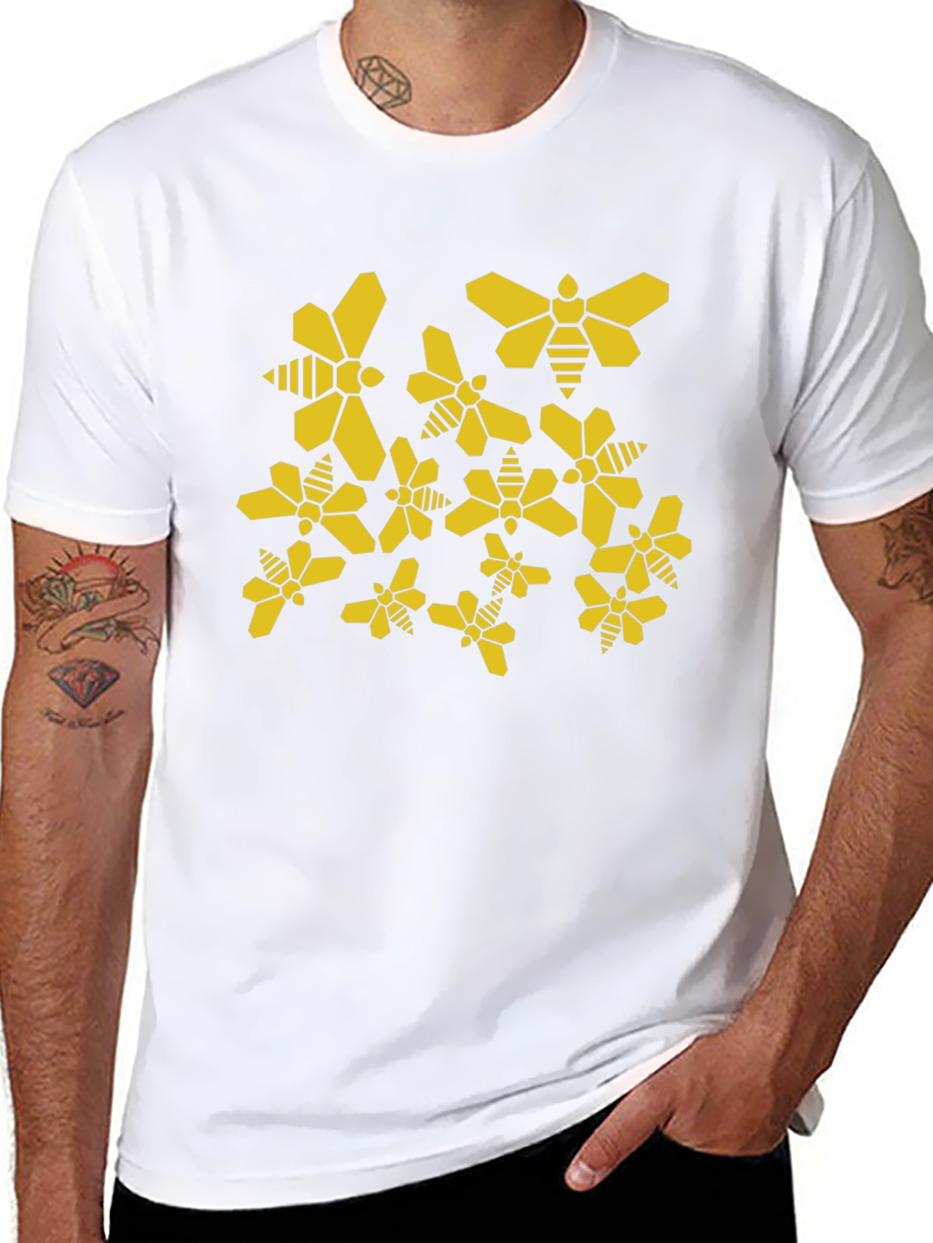 Geometric Bee Pattern Black T-Shirt