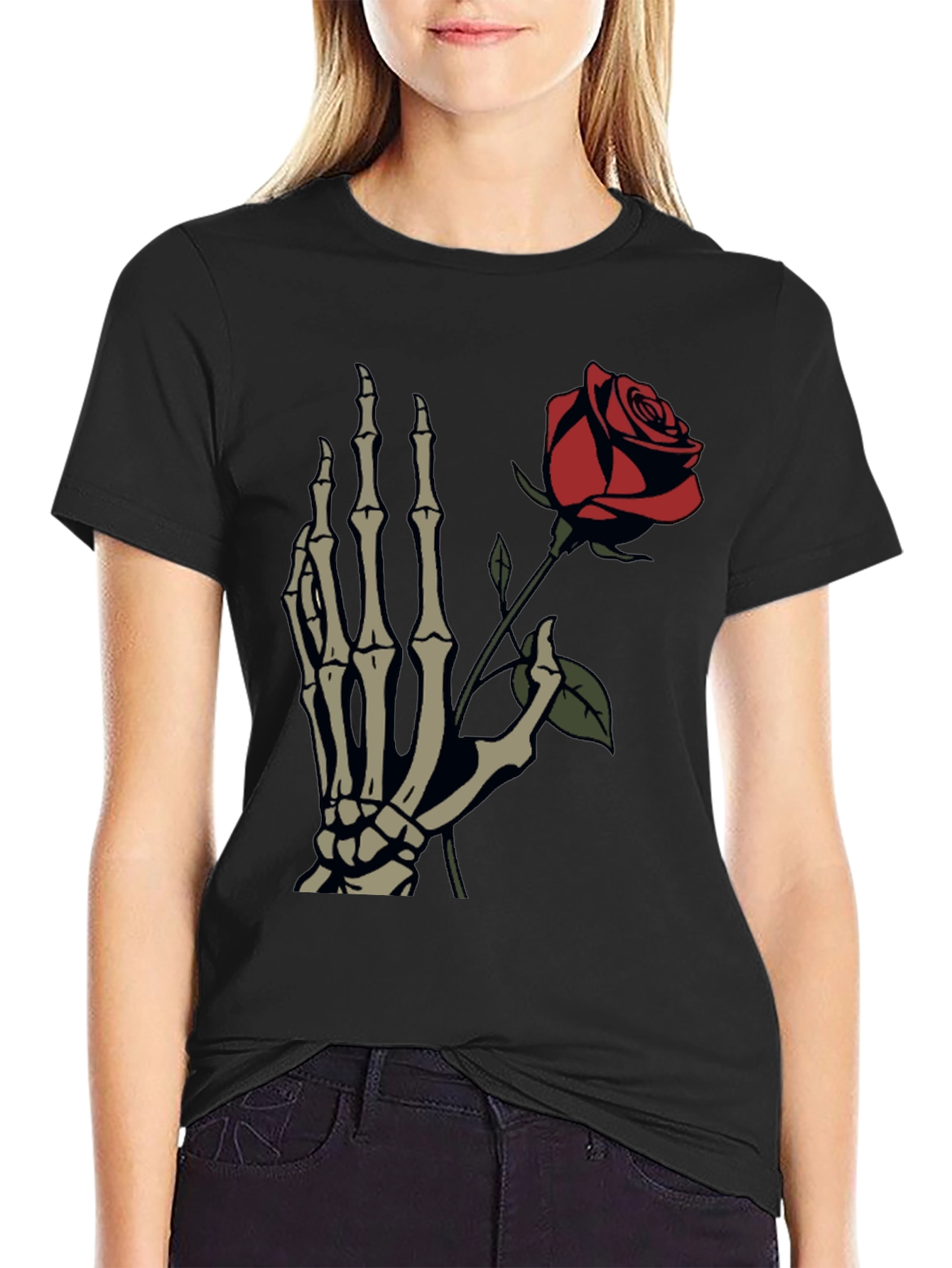 Skeleton Hand Holding Rose Graphic T-Shirt