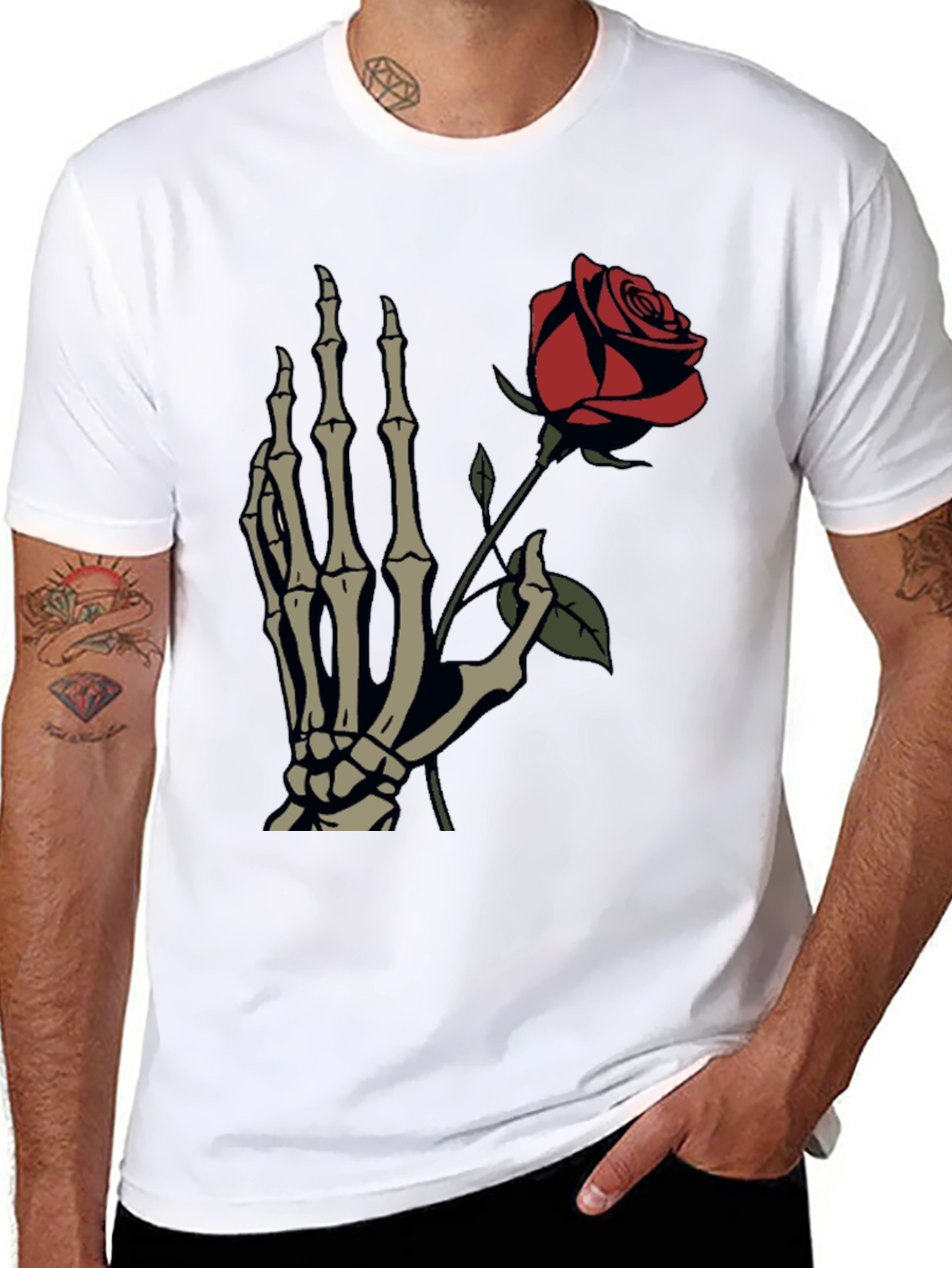 Skeleton Hand Holding Rose Graphic T-Shirt