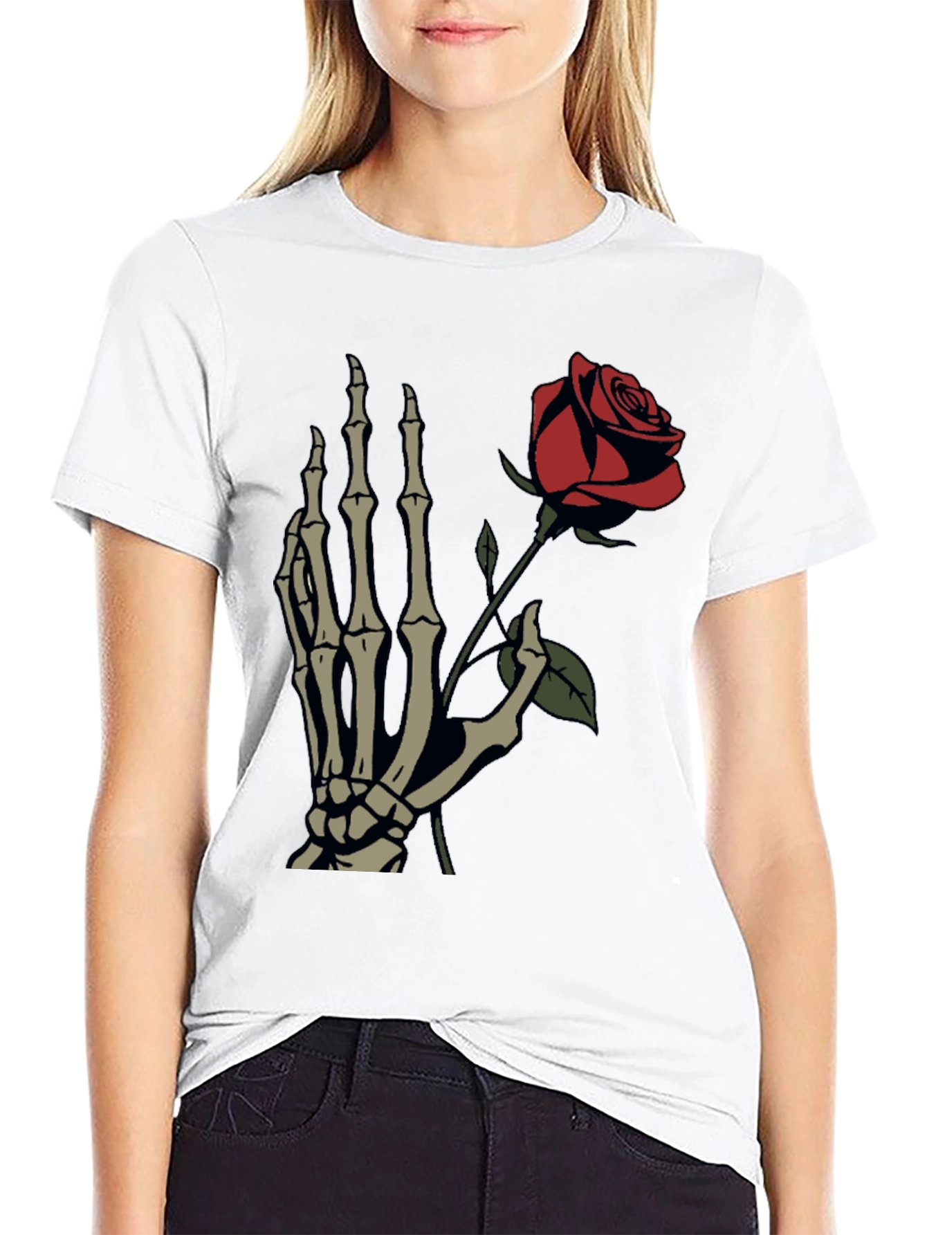 Skeleton Hand Holding Rose Graphic T-Shirt