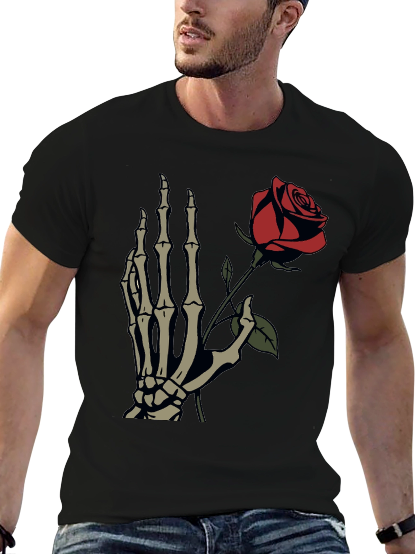 Skeleton Hand Holding Rose Graphic T-Shirt