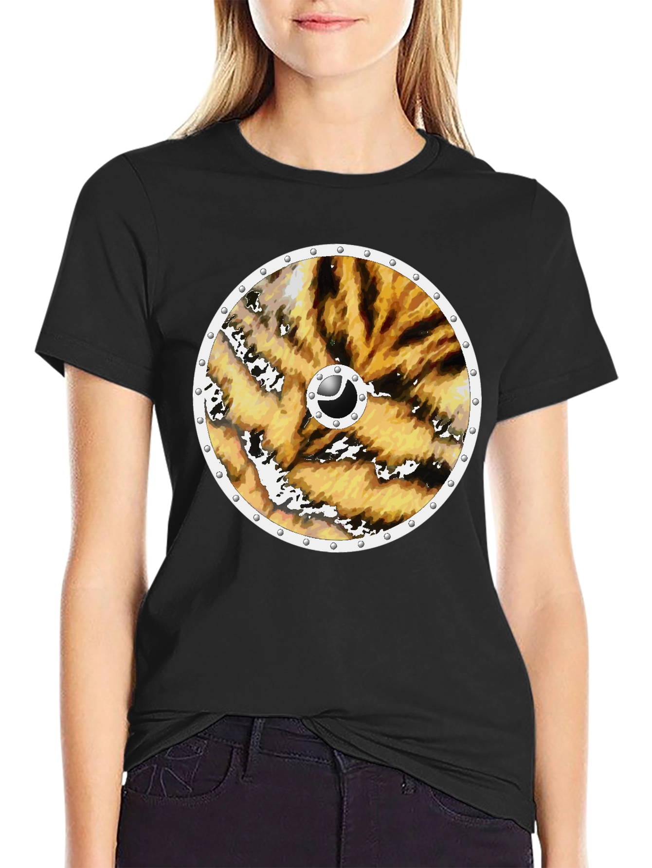 Tiger Print Viking Shield Black Tee